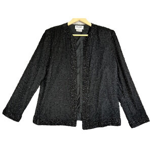 Silk Beaded Evening Jacket Women's Large Black Jet Beads Formal Cocktail Luxury